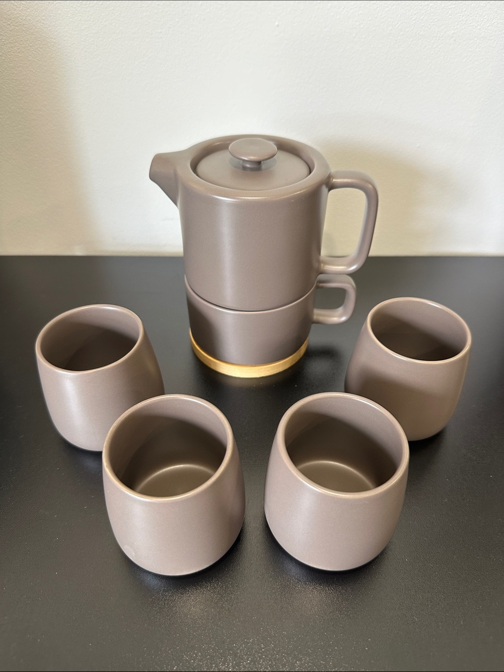 Stoneware Tea Set with Matte Taupe Finish